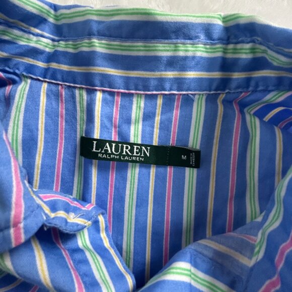 Lauren Ralph Lauren Womens Striped Button-Down Shirt Medium Blue 3/4 Sleeve - Picture 3 of 7